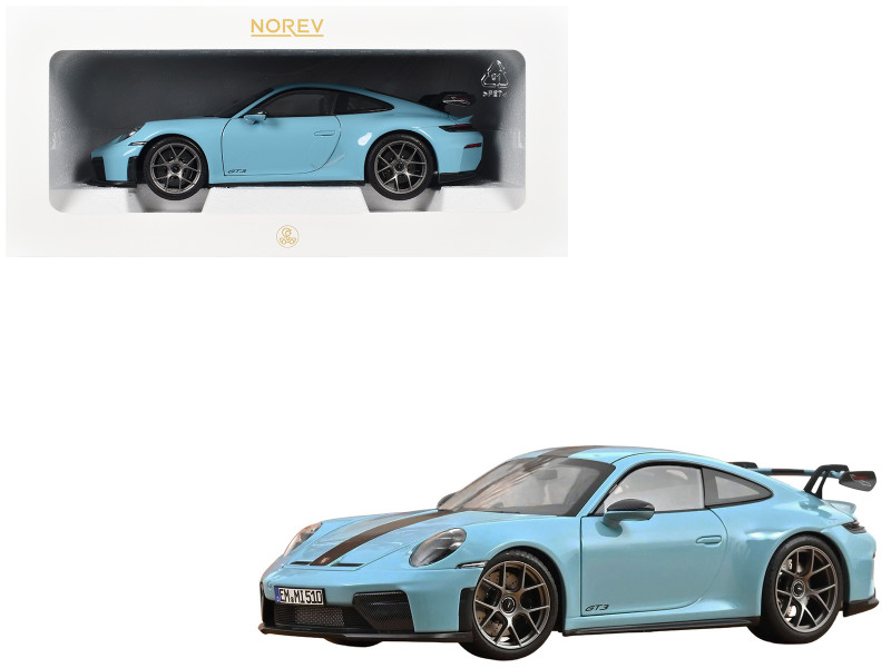 2025 Porsche 911 GT3 with Weissach Pack Gulf Blue with Carbon Stripe 1/18 Diecast Model Car Norev 187000