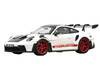 2022 Porsche 911 GT3 RS with Weissach Pack White with Carbon Hood and Top and Pyro Red Stripes and Wheels 1/18 Diecast Model Car Norev 187373
