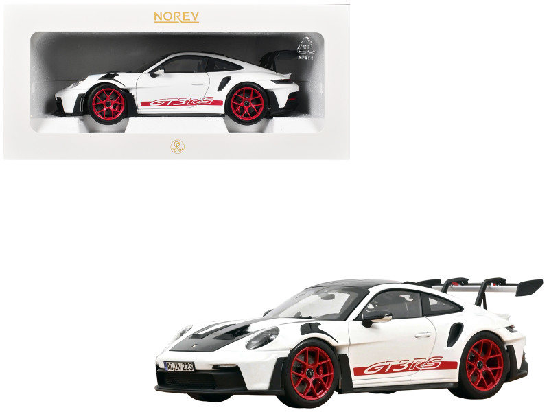2022 Porsche 911 GT3 RS with Weissach Pack White with Carbon Hood and Top and Pyro Red Stripes and Wheels 1/18 Diecast Model Car Norev 187373