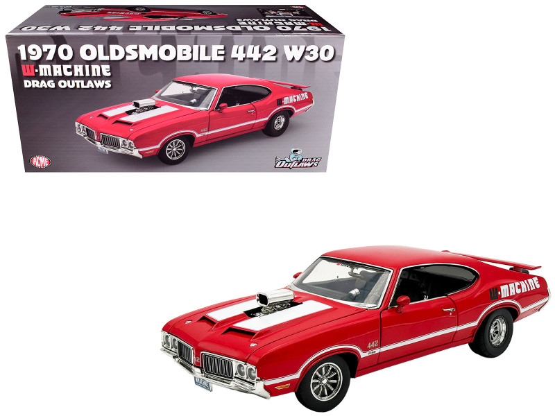 1970 Oldsmobile 442 W30 W-Machine - Drag Outlaws Red with White Stripes Limited Edition to 300 pieces Worldwide 1/18 Diecast Model Car ACME A1805631