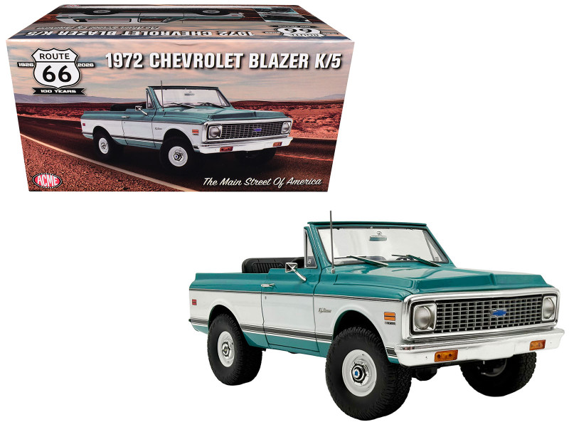 1972 Chevrolet Blazer K/5 Route 66 100th Anniversary Green and White with Black Stripes Limited Edition 1/18 Diecast Model Car ACME A1807717R66