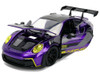 Porsche 911 GT3 RS 992 Candy Purple with Carbon Top and Hood Stripes and Graphics AutoWorks Series 1/24 Diecast Car Model Jada JA38345