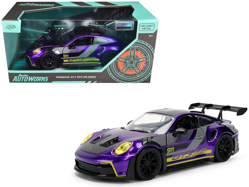 Porsche 911 GT3 RS 992 Candy Purple with Carbon Top and Hood Stripes and Graphics AutoWorks Series 1/24 Diecast Car Model Jada JA38345