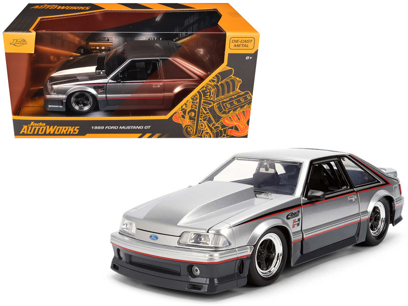 1989 Ford Mustang GT Silver Metallic and Gray with Black and Red Stripes AutoWorks Series 1/24 Diecast Car Model Jada JA38347