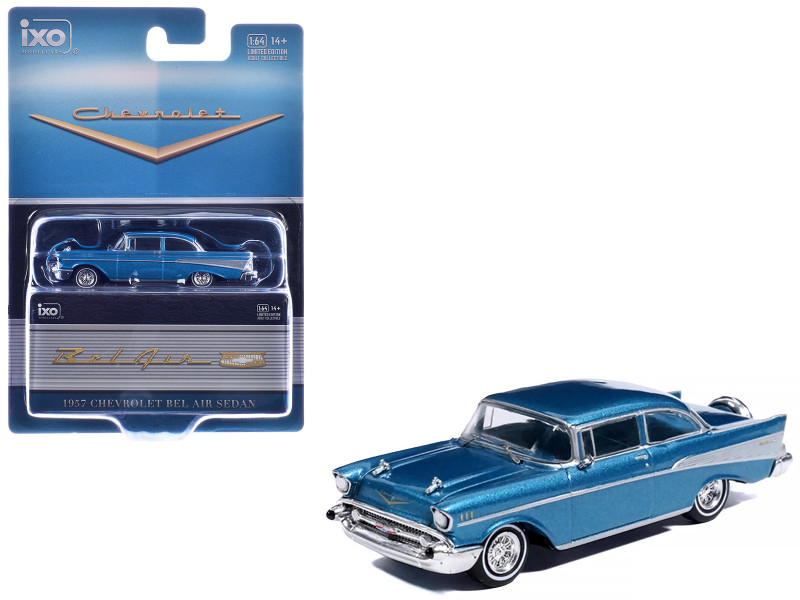 1957 Chevrolet Bel Air Sedan Harbor Blue Metallic with Blue Interior 1/64 Diecast Model Car IXO Models IA64021