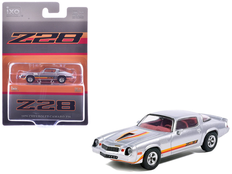 1979 Chevrolet Camaro Z28 Silver Metallic with Stripes and Red Interior 1/64 Diecast Model Car IXO Models IA64024