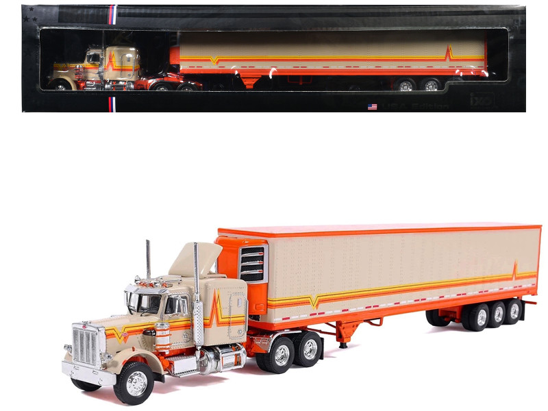 1973 Peterbilt 359 Truck Tractor with Sleeper Cab Cream with Orange and Yellow Stripes and Refrigerate Modern Trailer 1/64 Diecast Model Car IXO Models U64TRTR002M