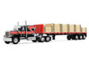 GMC General with 60 Flat Top Sleeper & 48' Utility Flatbed Trailer with Lumber Load Black with Red Stripes 1/64 Diecast Model First Gear 60-2344