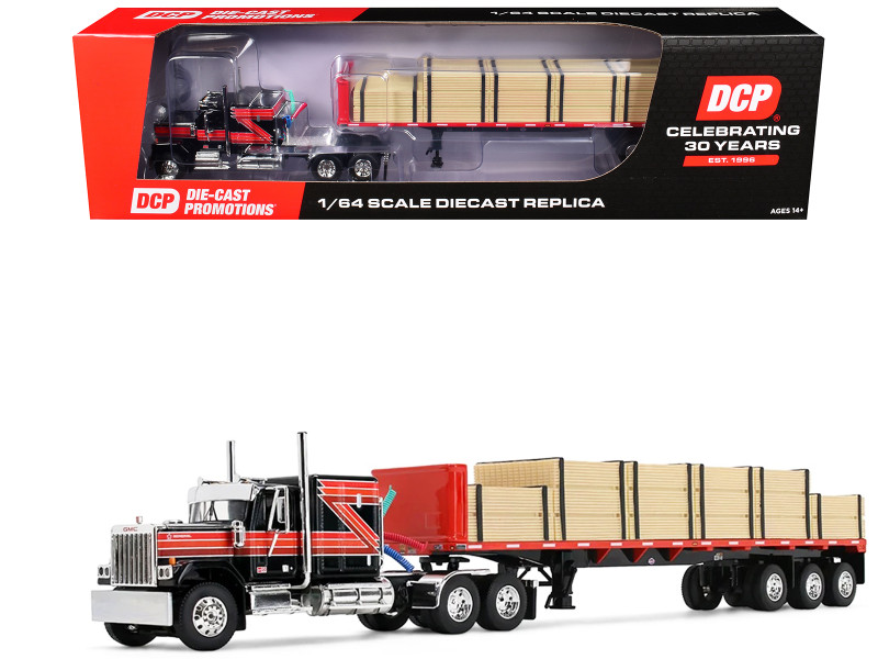 GMC General with 60 Flat Top Sleeper & 48' Utility Flatbed Trailer with Lumber Load Black with Red Stripes 1/64 Diecast Model First Gear 60-2344