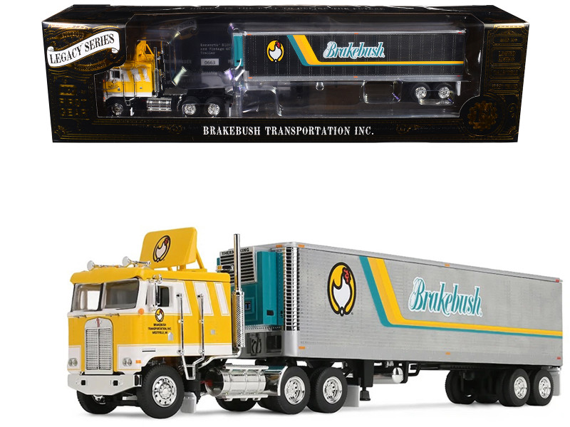 Kenworth K100 COE Flat Top and 40' Vintage Trailer with Reefer Brakebush Yellow with White Grpahics Legacy Series #6 1/64 Diecast Model First Gear 69-2360