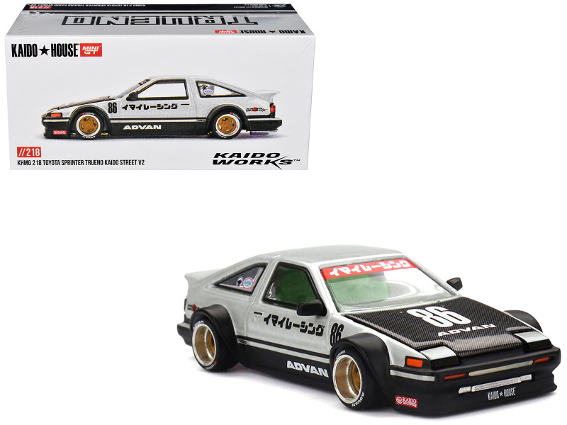 Toyota AE86 Sprinter Trueno RHD Right Hand Drive #86 Kaido Street V2 Silver Metallic and Black with Carbon Hood and Graphics Designed by Jun Imai Kaido House 1/64 Die Cast Model Car Mini GT KHMG218