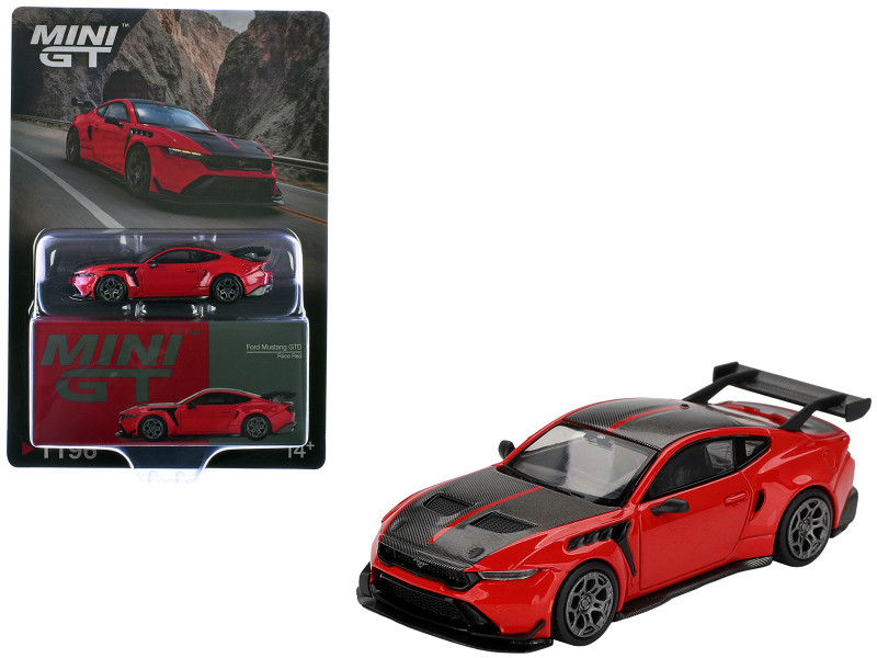 Ford Mustang GTD Race Red with Carbon Hood and Top Limited Edition 1/64 Die Cast Model Car Mini GT MGT01196
