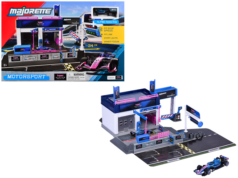 BWT Alpine Formula One Team 2025 Pit Stop Playset with Alpine A525 R19 1/64 Diecast Model Car Majorette MJ8502106001