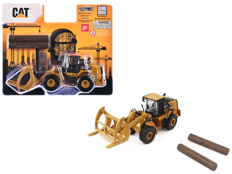 CAT Caterpillar 950M Wheel Loader Yellow with Log fork and Wood Log 1/64 Diecast Model Diecast Master 84681CS