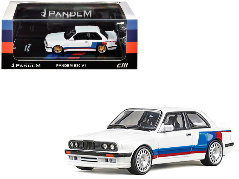 Pandem E30 V1 White with Stripes and Extra Wheels 1/64 Diecast Model Car CM Models CM64-E30-02