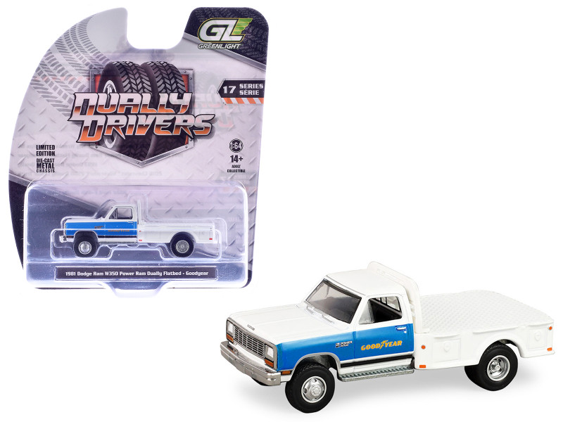 1981 Dodge Ram W350 Power Ram Dually Flatbed Truck Goodyear White with Blue Sides Dually Drivers Series 17 1/64 Diecast Model Car Greenlight 46170B