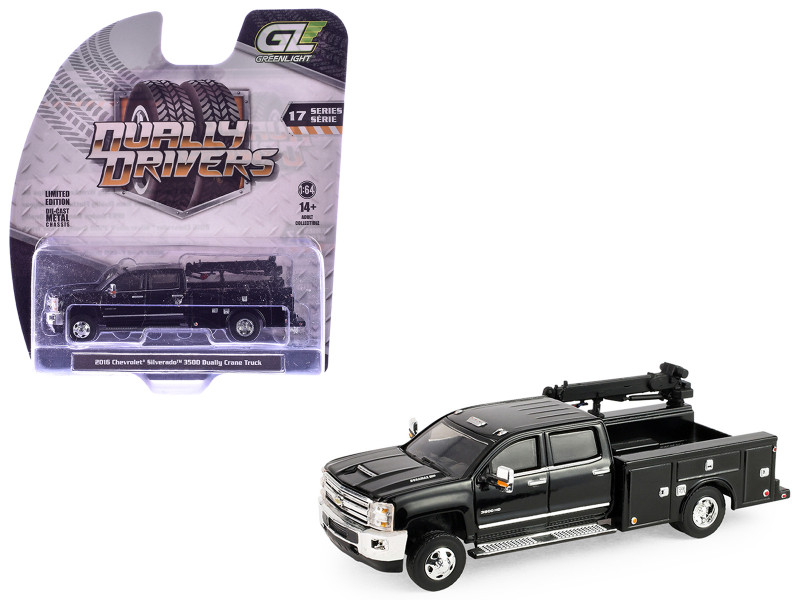 2016 Chevrolet Silverado 3500 Dually Crane Truck Black Dually Drivers Series 17 1/64 Diecast Model Car Greenlight 46170D