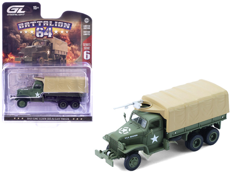 1944 GMC CCKW 353 A1 2.5T Truck U.S. Army - WWII Olive Drab with Tan Top Battalion 64 Series 6 1/64 Diecast Model Car Greenlight 61060C