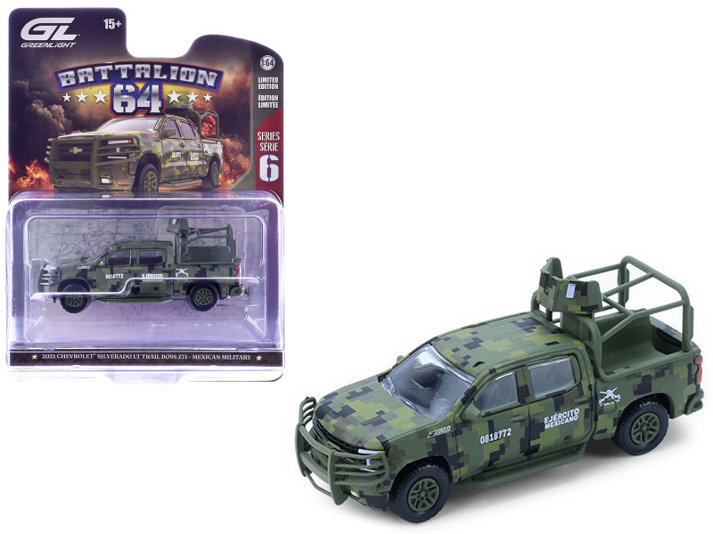 2021 Chevrolet Silverado LT Trail Boss Z71 Truck Mexican Military Green Digital Camouflage Battalion 64 Series 6 1/64 Diecast Model Car Greenlight 61060F