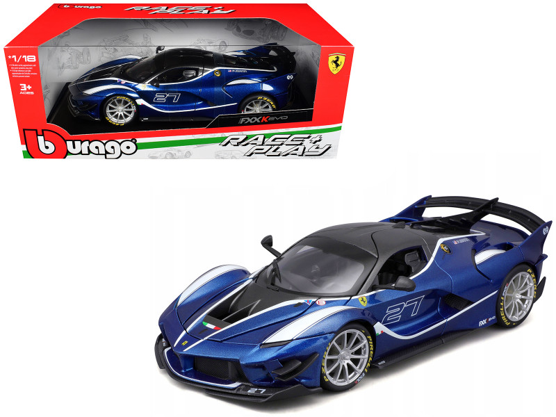Ferrari FXX-K Evo #27 Blue Metallic with White Accents and Gray Metallic Top "Race + Play" Series 1/18 Diecast Model Car Bburago 16012BL