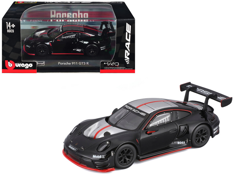 Porsche 911 GT3 R Black with Silver Top and Hood and Red Stripes Race Series 1/43 Diecast Model Car Bburago BB38321