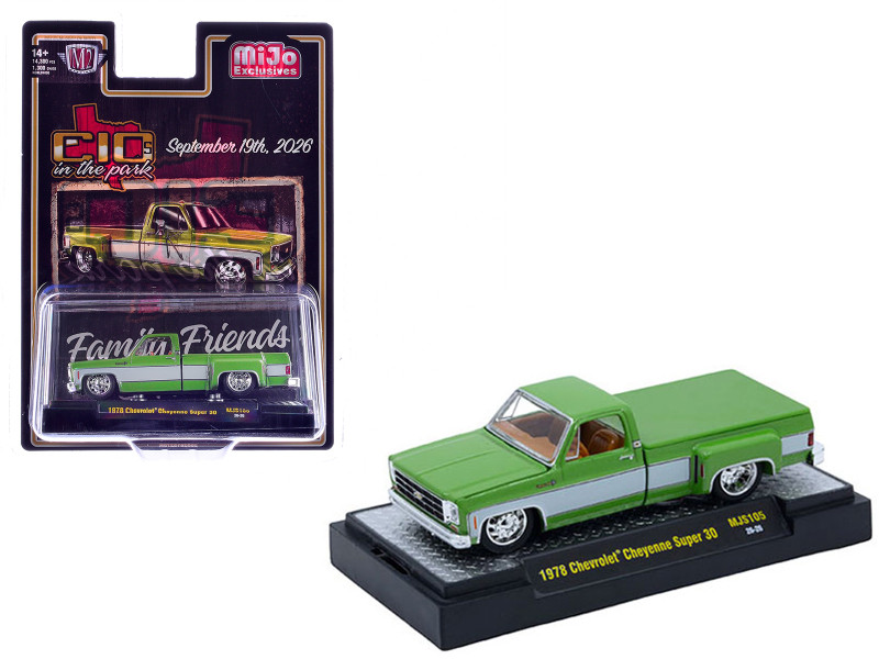 1978 Chevrolet Cheyenne Super 30 Pickup Truck Green Metallic with White Side Stripes C10s in the Park 2026 Limited Edition to 14300 pieces Worldwide 1/64 Diecast Model Car M2 Machines 31500-MJS105