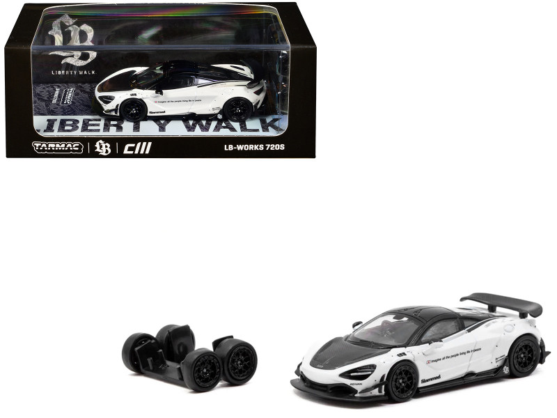 LB-Works 720S White with Carbon Hood and Black Top with Extra Wheels Hobby64 Series 1/64 Diecast Model Car Tarmac Works T64-106-WH