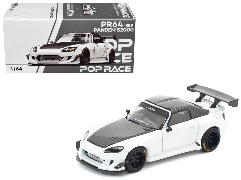 Honda Pandem S2000 RHD Right Hand Drive White with Carbon Hood and Top 1/64 Diecast Model Car Pop Race PR640389