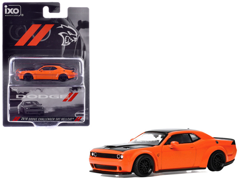 2018 Dodge Challenger SRT Hellcat Go Mango Orange with Matt Black Hood and Top 1/64 Diecast Model Car IXO Models U64RDC001