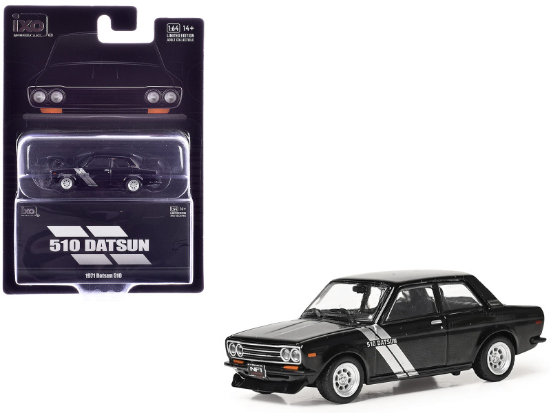 1971 Datsun 510 Black with Silver Stripes 1/64 Diecast Model Car IXO Models U64RDC005-JC