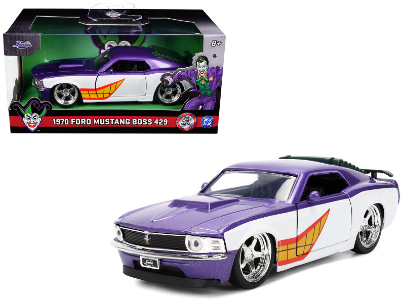 1970 Ford Mustang Boss Joker Livery Purple Metallic and White with Graphics Batman Franchise Hollywood Rides Series 1/32 Diecast Model Car Jada 33112