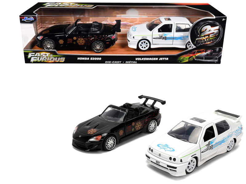 Honda S2000 Black with Graphics and Volkswagen Jetta White with Graphics Set of 2 pieces 25 Years of Fast & Furious Series 1/32 Diecast Model Cars Jada JA38362
