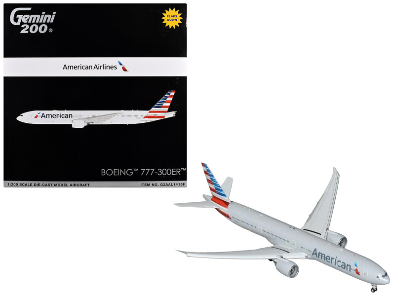 Boeing 777-300ER Commercial Aircraft with Flaps Down Configuration American Airlines N722AN Silver with Striped Tail Gemini 200 Series 1/200 Diecast Model Airplane GeminiJets G2AAL1415F