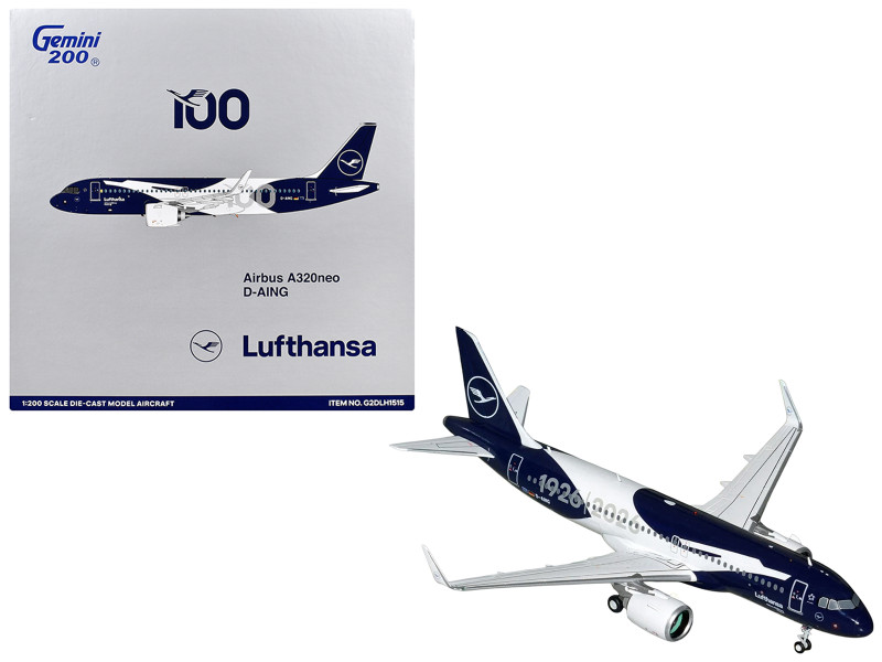 Airbus A320neo Commercial Aircraft Lufthansa 100th Anniversary D-AING White and Dark Blue Gemini 200 Series 1/200 Diecast Model Airplane GeminiJets G2DLH1515
