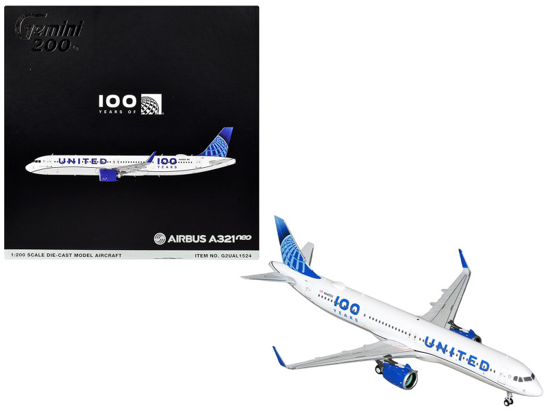 Airbus A321neo Commercial Aircraft United Airlines 100th Anniversary N44550 White with Blue Tail Gemini 200 Series 1/200 Diecast Model Airplane GeminiJets G2UAL1524