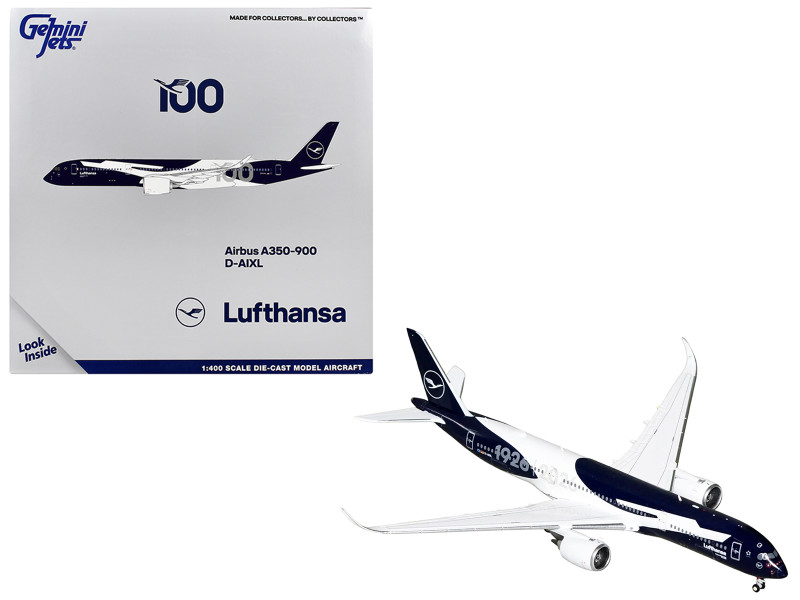Airbus A350-900 Commercial Aircraft Lufthansa 100th Anniversary D-AIXL Dark Blue and White 1/400 Diecast Model Airplane GeminiJets GJDLH2409