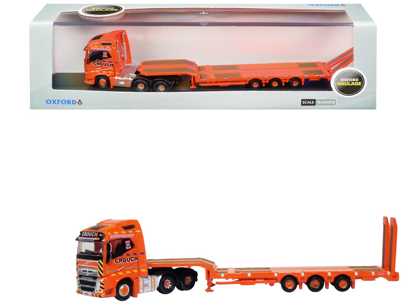 Volvo FH4 Truck RHD Right Hand Drive with Low Boy Trailer Crouch Recovery Orange with Graphics 1/148 (N) Scale Diecast Model Car Oxford Diecast NVOL4013