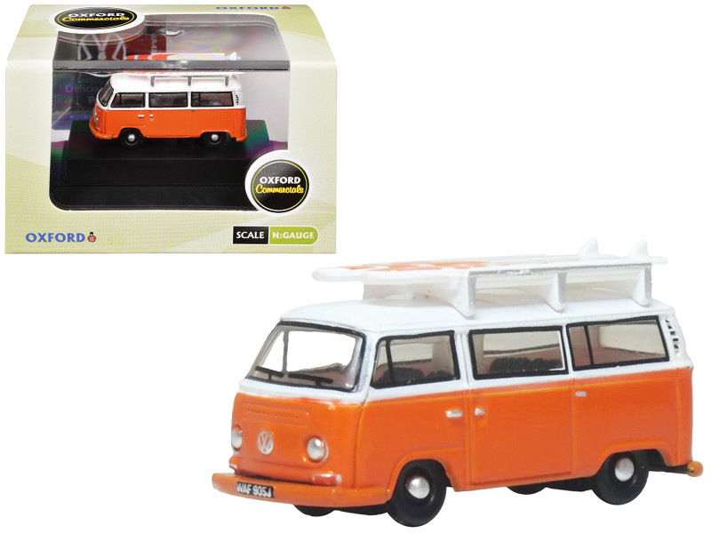 Volkswagen T2 Bay Window Bus Signal Orange with White Top and Surfboards on Roof Rack 1/148 (N) Scale Diecast Model Car Oxford Diecast NVW022