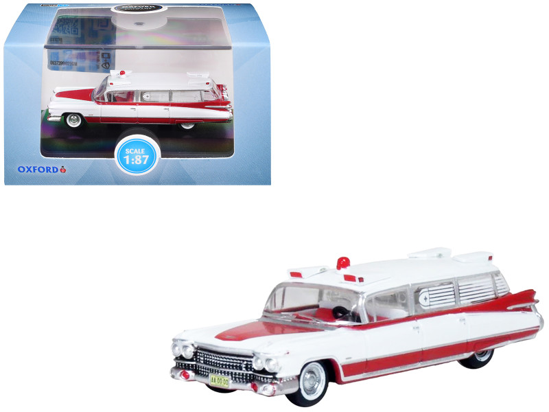 1959 Cadillac Miller Meteor Ambulance Red and White 1/100 Scale Diecast Model Car Oxford Diecast 87CM59001