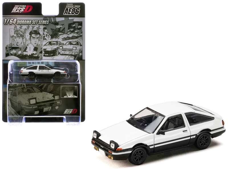 Toyota Sprinter Trueno AE86 RHD Right Hand Drive White with Black Stripes Takumi Fujiwara VS Takeshi Nakazato - Initial D 1995-2013 Manga with Collectible Cards Diorama Set Series 1/64 Diecast Model Car Hobby Japan HJDMD001C