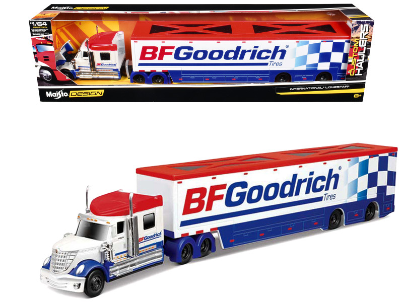 International LoneStar Enclosed Car Transporter BF Goodrich White with Blue Stripes and Red Top Custom Haulers Series 1/64 Diecast Model Maisto 12418BFG