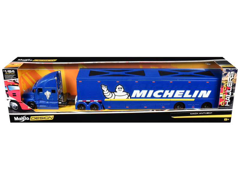 Mack Anthem Enclosed Car Transporter Michelin Blue Custom Haulers Series 1/64 Diecast Model Maisto 12418MI