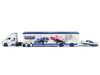 Mack Anthem Enclosed Car Transporter Lowriders Car Club World Tour White Metallic with Blue Top and 1959 Chevrolet Impala SS White Metallic with Blue Top and Graphics Custom Haulers Series 1/64 Diecast Model Maisto 12420-MJS01