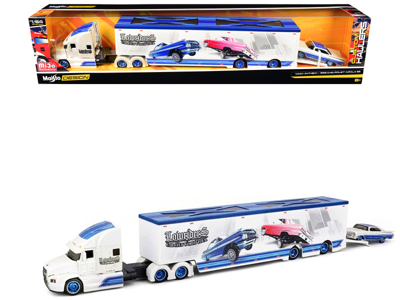 Mack Anthem Enclosed Car Transporter Lowriders Car Club World Tour White Metallic with Blue Top and 1959 Chevrolet Impala SS White Metallic with Blue Top and Graphics Custom Haulers Series 1/64 Diecast Model Maisto 12420-MJS01