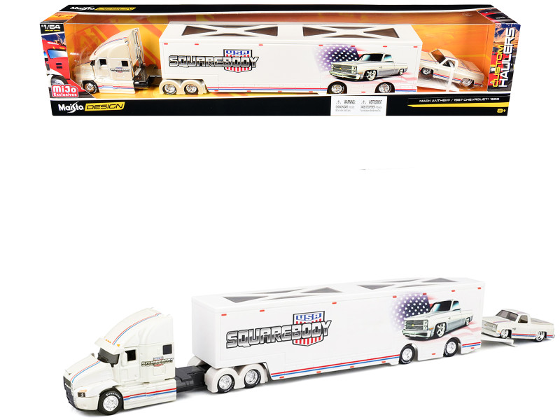 Mack Anthem Enclosed Car Transporter Squarebody USA White Metallic with Red and Blue Stripes and 1987 Chevrolet 1500 Pickup Truck White Metallic with Red and Blue Stripes Custom Haulers Series 1/64 Diecast Model Maisto 12420-MJS02