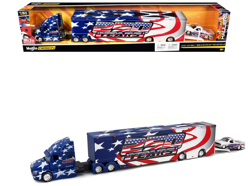 Mack Anthem Enclosed Car Transporter USA 250 Years Blue with Star Graphics and 1993 Chevrolet 454 SS Pickup Truck White Metallic with Graphics Custom Haulers Series 1/64 Diecast Model Maisto 12420-MJS04