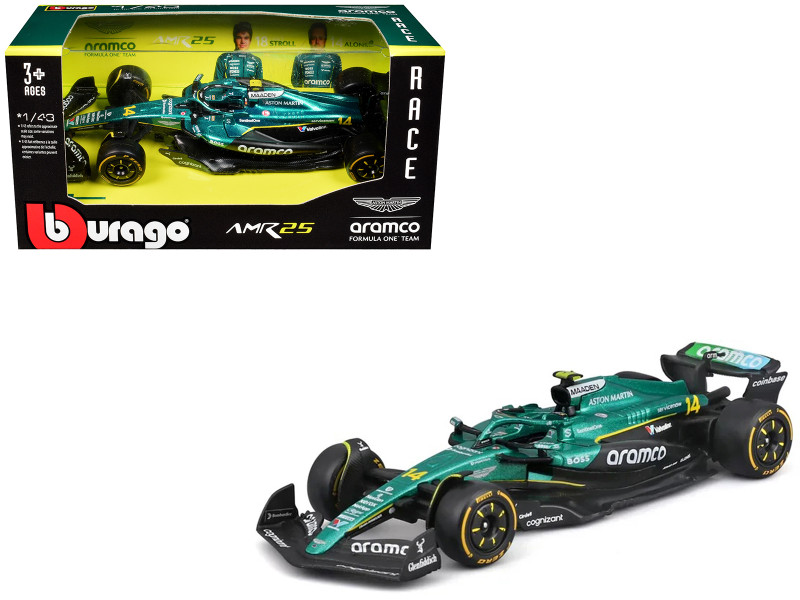 Aston Martin AMR25 #14 Fernando Alonso Aramco Formula One F1 World Championship 2025 Race Series 1/43 Diecast Model Car Bburago 38250FA