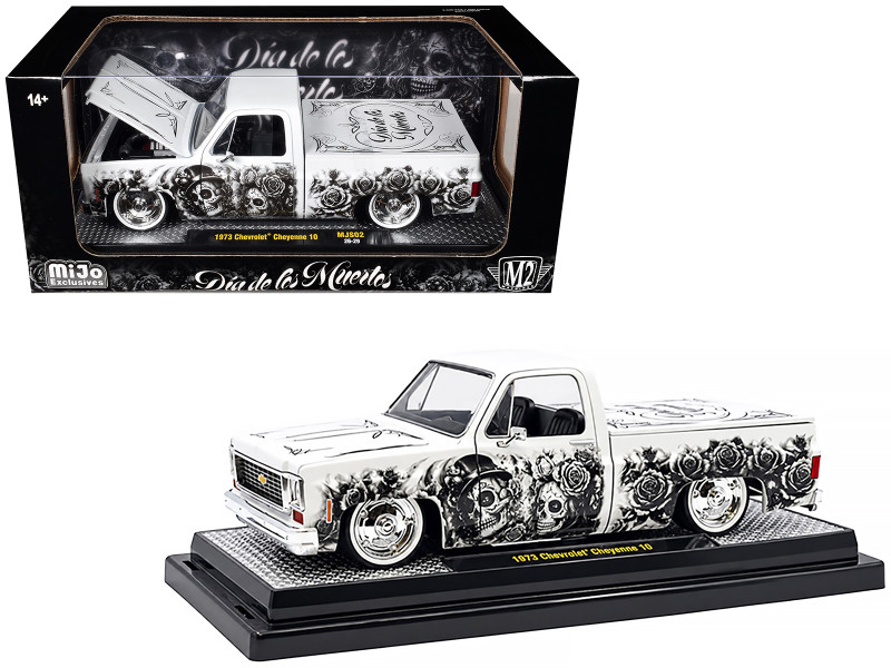1973 Chevrolet Cheyenne 10 Pickup Truck Dia de los Muertos White with Graphics Limited Edition to 2500 pieces Worldwide 1/24 Diecast Model Car M2 Machines 40100-MJS02