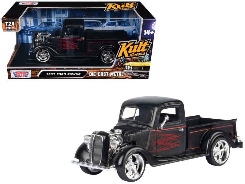 1937 Ford Pickup Truck Matt Black with Red Flame Graphics Kult Klassics Series 1/24 Diecast Model Car Motormax 79884