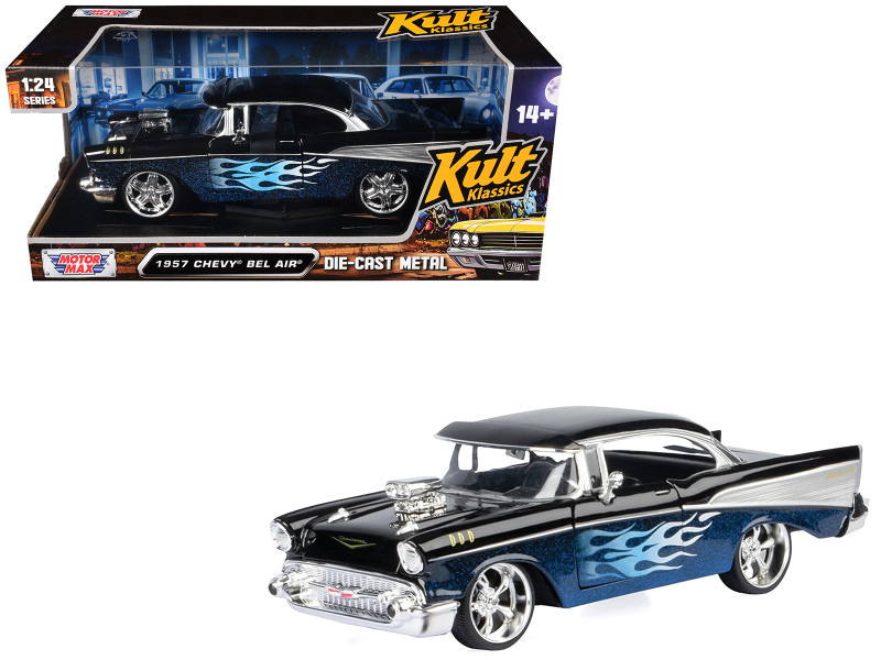 1957 Chevrolet Bel Air Black with Blue Flame Graphics Kult Klassics Series 1/24 Diecast Model Car Motormax 79886